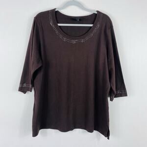 Avenue Top 22 24 Brown Rhinestone Embellished Comfort Fit 3/4 Sleeve
